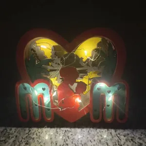 Wooden Mother Father Day Decorative Ornament Hollow Carved Desktop Sign LED Light Warm Family Gift Home Decor