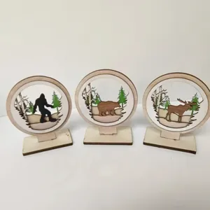 Wooden animal scenery desktop ornament set, creative multilayer cutout table decor for home.