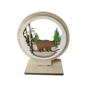 Wooden craft desktop ornament with forest bear design, perfect for home and office decor.