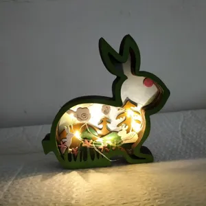 Veilleuse LED lapin de Pâques en bois multi-couches creux décoration de maison ornement.
