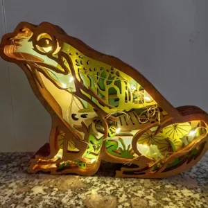 3D wooden multi-layer glowing frog night light, creative desktop wooden carved animal ornament.