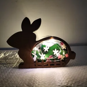 Pâques bois creux superposé lapin LED veilleuse décoration de maison ornement de bureau.