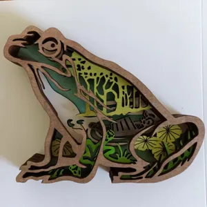 3D Wooden Multi Layer Frog Desktop Ornament Glowing Forest Landscape Wood Carving Craft Home Decor Christmas Gift