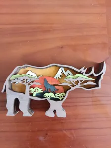 Wooden 3D layered rhino ornament, creative forest wolf sunset desktop decor for festival