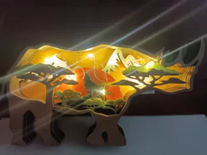 Wooden 3D Forest Animal Rhino Desktop Ornament Christmas Holiday Decoration With LED Lights Boxwood Craft
