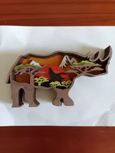 Wooden 3D Rhinoceros Ornament Multi-layer Carved Animal Desktop Decor for Christmas