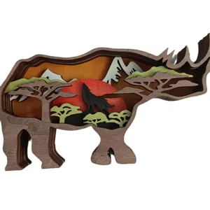 Wooden 3D layered rhinoceros desktop ornament, creative forest animal sculpture for festival decor.