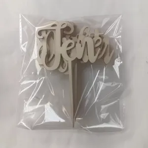 Wooden cake toppers set, cursive english script letter cake decoration for birthday party 10pcs