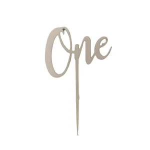Wooden One cake topper for first birthday party decoration, elegant cursive script design.
