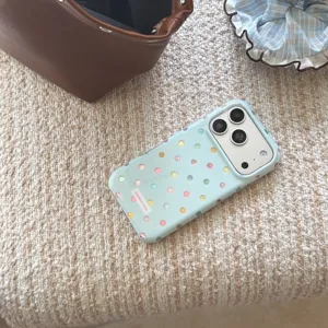 Colorful polka dot phone case for iPhone, fresh aesthetic pastel design, cute accessory detail.