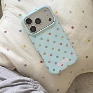 Light blue colorful polka dot phone case, trendy soft protective cover for iPhone.