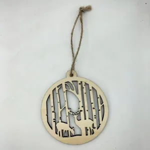 Wooden Christmas hanging ornament, hollow deer and tree design with jute string for festive decor.