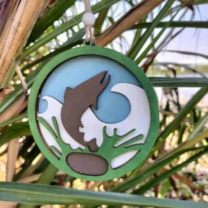 Wooden ocean fish hanging ornament, layered laser cut design, ideal for home and holiday decor.