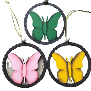 Easter wooden butterfly hanging ornaments, painted craft home decor set of three pieces.