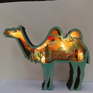 Wooden 3D camel LED night light desert landscape desktop ornament for home holiday decor gift.