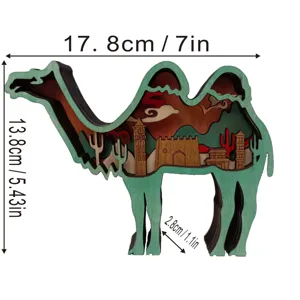 Wooden 3D camel ornament desert landscape multi-layer cutout home desktop holiday decor.