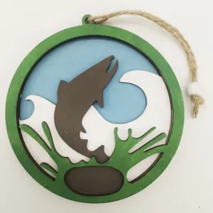 Wooden ocean fish hanging ornament with layered wave design and jute twine for home decor.