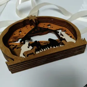 Wooden 3D Christmas Nativity scene ornament, layered hollow tabletop decoration for holiday decor.