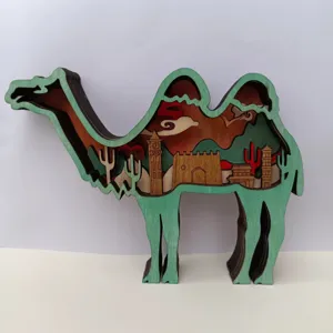 Wooden 3D camel ornament desktop decoration, creative multi-layer wooden desert landscape craft.