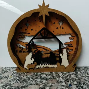 Detailed view of the 3D wooden Christmas Nativity scene craft, highlighting multi-layer hollow carvings.