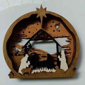 Wooden 3D Nativity Scene Christmas Ornament Desktop Hollow Carved Jesus Figurine Decor Craft