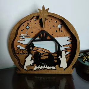 Wooden 3D Nativity Scene Christmas Desktop Decoration Jesus Manger Craft Hollow Carved Ornament Holiday Gift