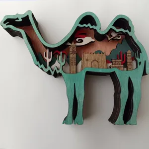 Wooden 3D layered camel ornament desktop decoration with desert landscape design.