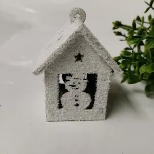 Wooden Christmas tree hanging ornament with simulated snow and cute snowman hollow design.