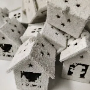 Wooden Christmas house ornament with snow finish, ideal for holiday tree decoration and festive display.