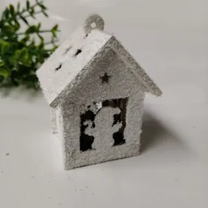 Wooden Christmas snow house ornament festival tree hanging decor craft white desktop decoration