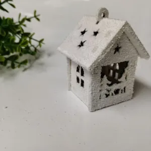 Wooden Christmas snow house hanging ornament, white frosted holiday tree decoration craft.