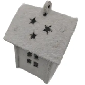 Wooden Christmas snowy house ornament, hanging decoration with star cutouts for holiday tree.