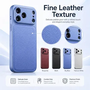 Detailed view of fine leather texture phone case, close-up grain and color options.