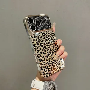 Luxury bling rhinestone leopard print protective phone case with full camera coverage.