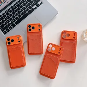 Minimalist Faux Leather Card Slot Wallet Phone Case Orange Litchi Pattern Shockproof Protective Cover For Apple iPhone