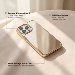 Coque de téléphone miroir plaquée or pour iPhone, dos réfléchissant HD avec protection TPU.