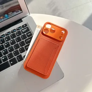 Orange leather phone case with card slot compatible for iPhone 16 17 protective back cover
