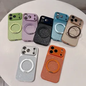 Glitter magnetic phone case with 360 rotating stand for iPhone 16 Pro shockproof protective cover
