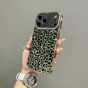Detail shot of luxury rhinestone leopard print phone case, full protection shockproof cover.