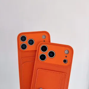 Orange leather card pocket phone case for iphone 16 15 17 luxury litchi pattern cover