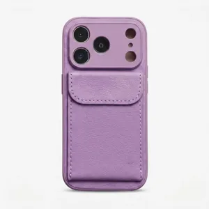 Purple leather phone case with card holder and camera protection for iPhone, minimalist.