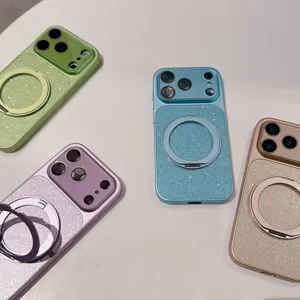 Glitter magnetic phone case with 360 rotating stand, compatible with iPhone models, stylish cover.