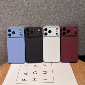 Detailed view of luxury leather texture phone cases featuring metallic camera protection frames.