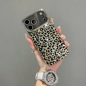 Luxury rhinestone leopard print phone case detail, full coverage shockproof protective back cover.