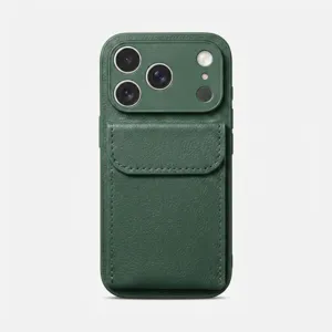 Dark green litchi pattern leather phone case with cardholder stand for iPhone 16 Pro Max.
