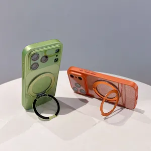 Glitter magnetic phone case with 360-degree rotating metal ring stand, detail view.