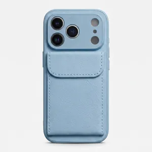 Light blue leather phone case with cardholder pocket and camera protection for smartphones.