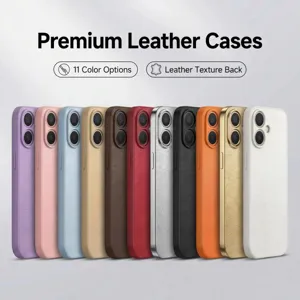 Vista detallada de fundas de teléfono con textura de cuero disponibles en once colores vivos.