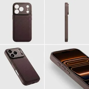 Detail view of the brown leather phone case texture and precision camera cutout design.