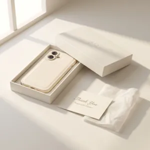 Elegante funda de cuero beige para teléfono con caja de regalo y tarjeta protectora.